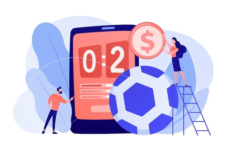 Sportsbooks, Casinos, and Crypto: The New Triangle of Online Gambling 2 Tiny people, businessman betting on football and bookmaker at big smartphone with score. Sports betting, bookmaker market, sports wagering concept. Pinkish coral bluevector isolated illustration