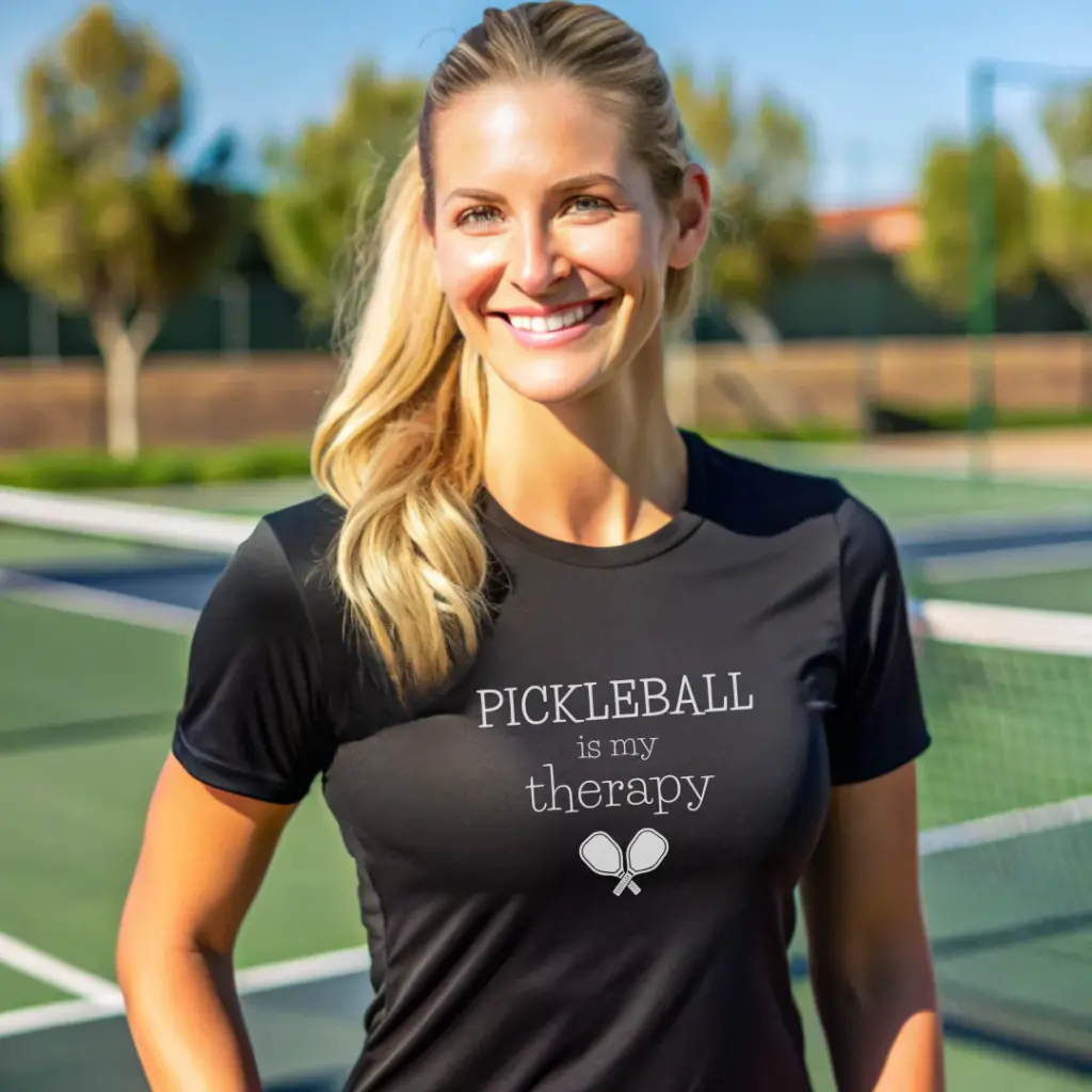 Complete Guide To Pickleball Clothing 2025: Hot, Cold, Indoor, Outdoor 11 woman wearing black pickleball is my therapy performance tee